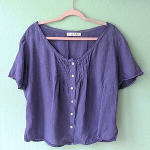 Cut Loose Purple Linen Pintuck Button Front Lace Trim Blouse Top Womens Large